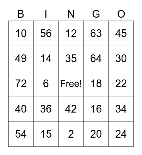 Multiplication Bingo Card