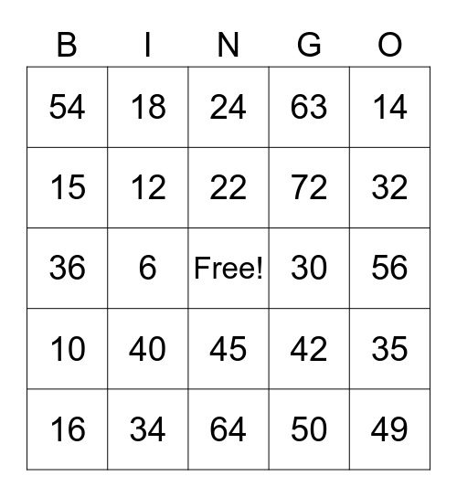Multiplication Bingo Card