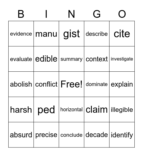 Bailes Vocabulary 1 Bingo Card