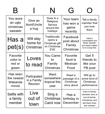 PAPEN FAMILY CHRISTMAS Bingo Card