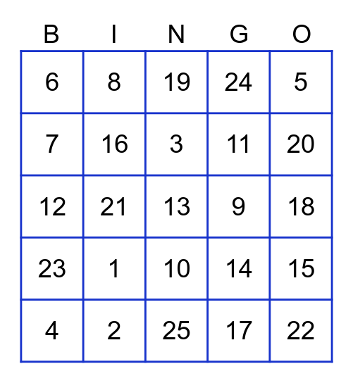 Numbers Bingo Card