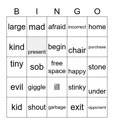 Synonym Bingo Card