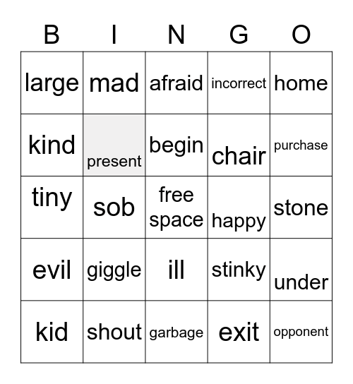 Synonym Bingo Card