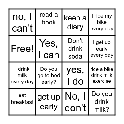 I get Up Early Bingo Card