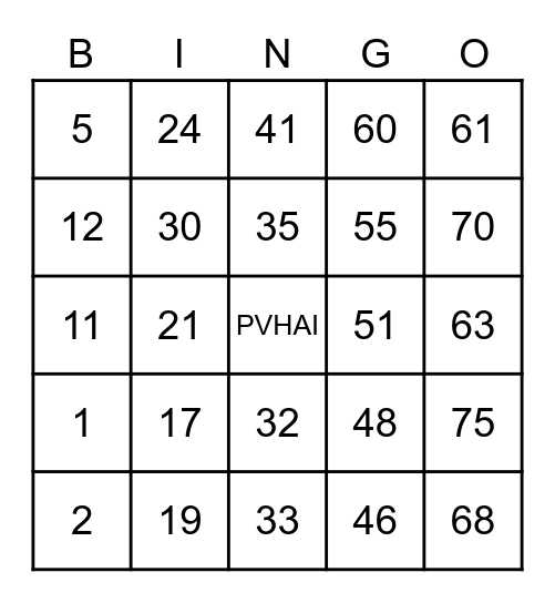 PVHAI BINGO SPECIAL Bingo Card
