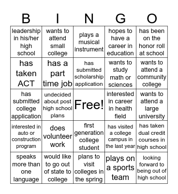 College Bound Bingo Card