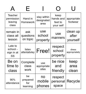 Behaviour Expectations Bingo Card