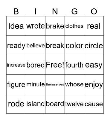 Quick Words Bingo Card