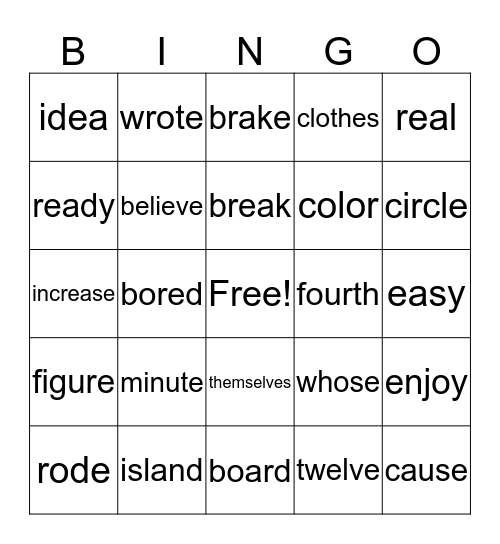 Quick Words Bingo Card