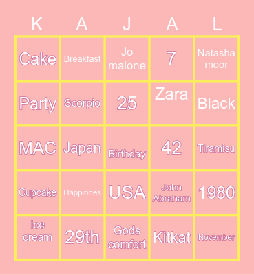 Kajals birthday party Bingo Card
