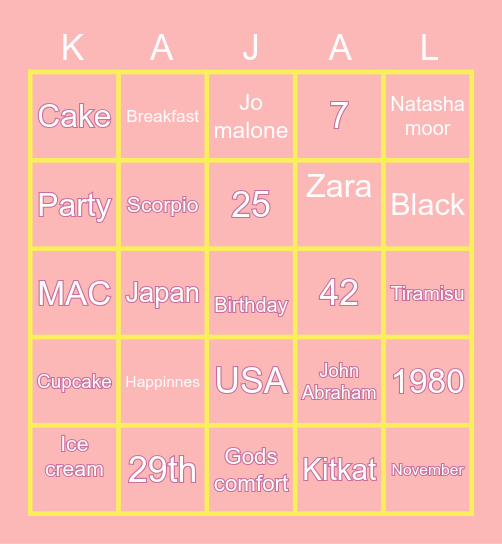 Kajals birthday party Bingo Card