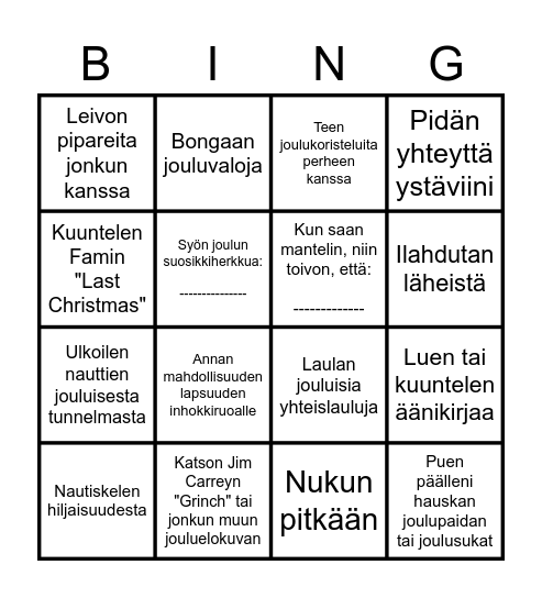 Joululomaani kuuluu Bingo Card