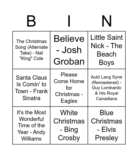 Music Song Bingo Card