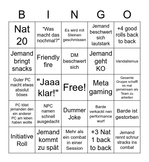 DnD be like Bingo Card