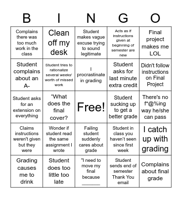 End of Semester Bingo Card