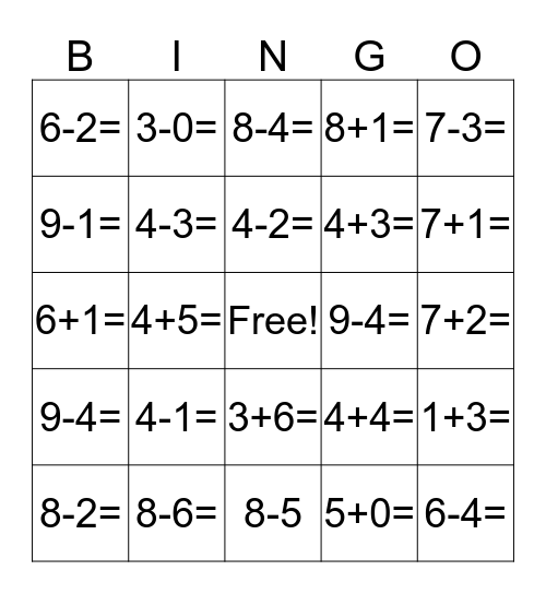 Adding and Subtracting Bingo Card