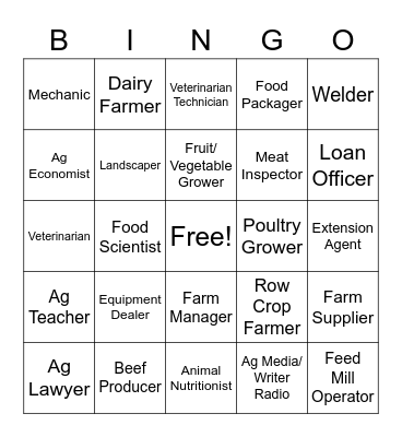 Agriculture Careers Bingo Card