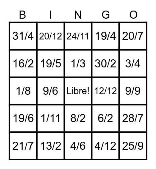 Fechas de Cumpleaños Bingo Card