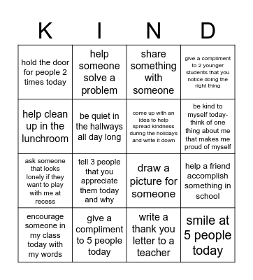 Team Gazzara's Kindness Bingo Card
