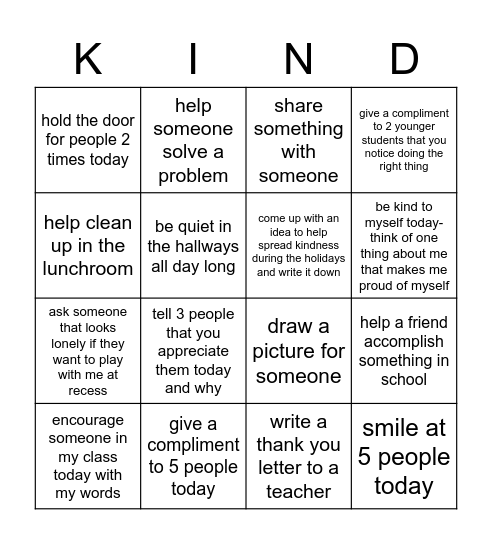 Team Gazzara's Kindness Bingo Card