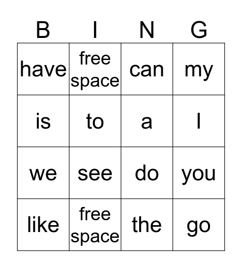 High Frequency Words Bingo Card