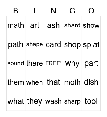 Consonant Digraphs Bingo Card