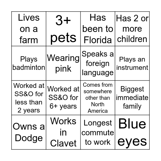 Getting to Know SS&O Bingo Card