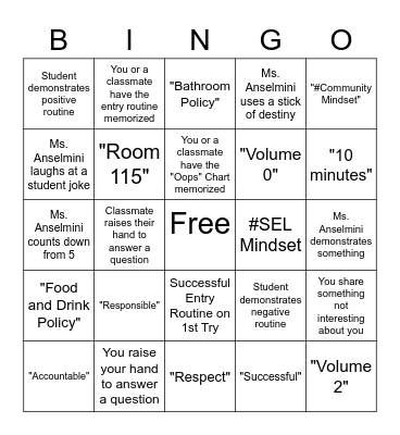 1st Day of School, Part 2! Bingo Card