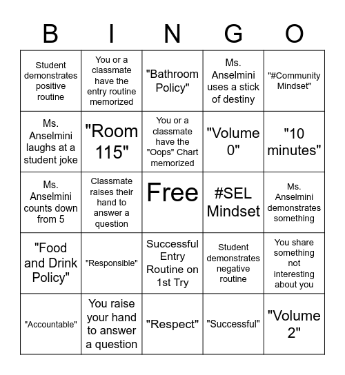 1st Day of School, Part 2! Bingo Card