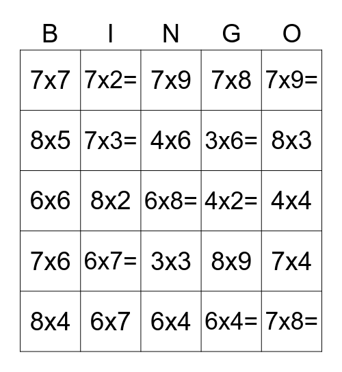 Multiplication Practice Bingo Card