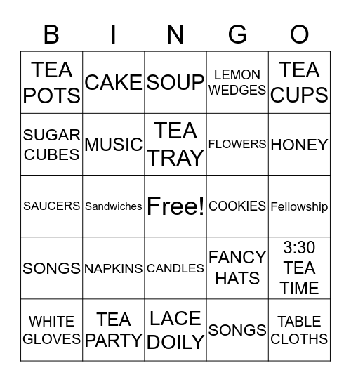 Ladies Tea Party Fellowship Bingo Card