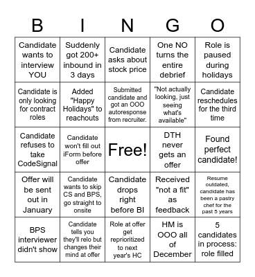 Holidays Sourcer Bingo Card