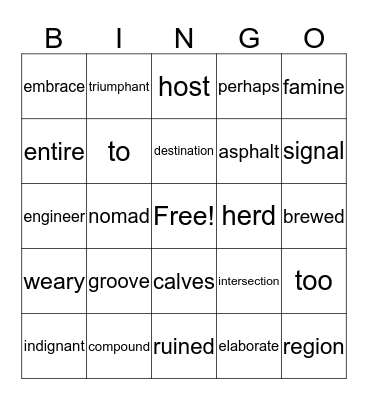 Vocabulary Words Bingo Card