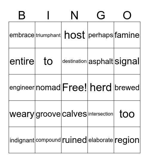 Vocabulary Words Bingo Card