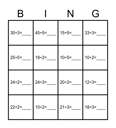 2, 3 and 5 division bingo Card