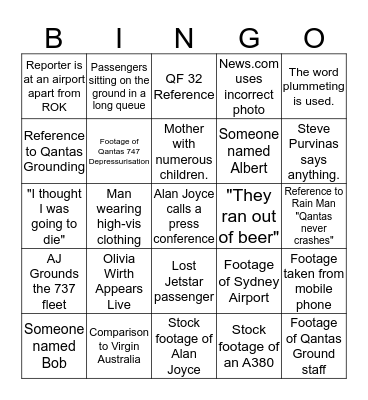 Qantas Incident Press Reporting Bingo Card