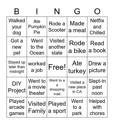 Fall Break Bingo Card