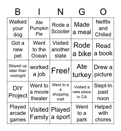 Fall Break Bingo Card