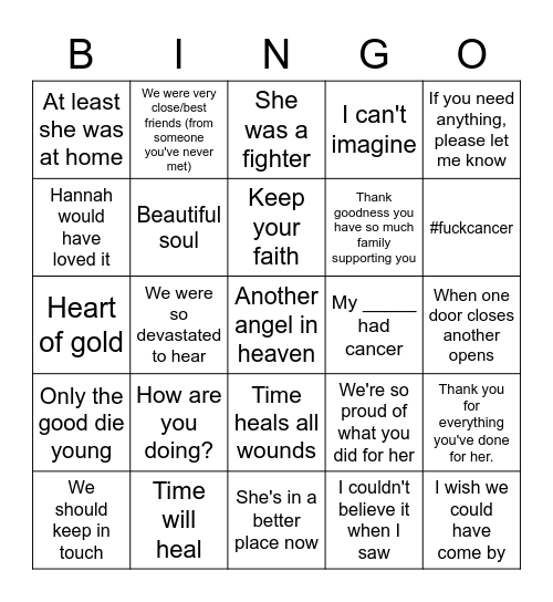 Funeral Bingo Card