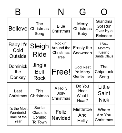 Christmas Songs Bingo Card