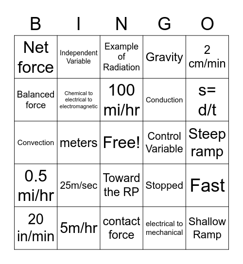 Energy, Force & Motion Bingo Card