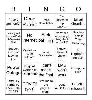 End of Semester Professor Bingo Card