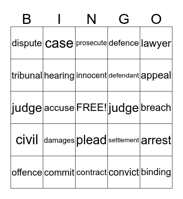 English For Law Bingo Card