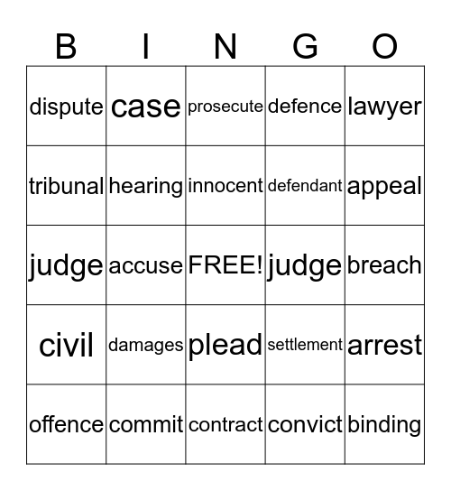 English For Law Bingo Card