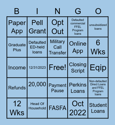 Debt Relief Bingo Card