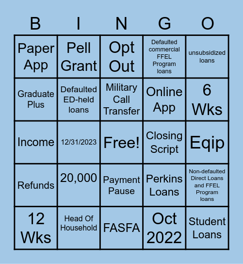 Debt Relief Bingo Card