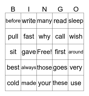 Second Grade Sight Word Bingo Card