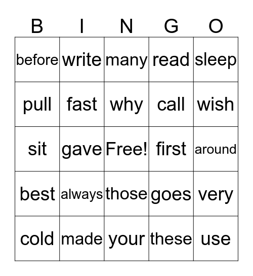 Second Grade Sight Word Bingo Card