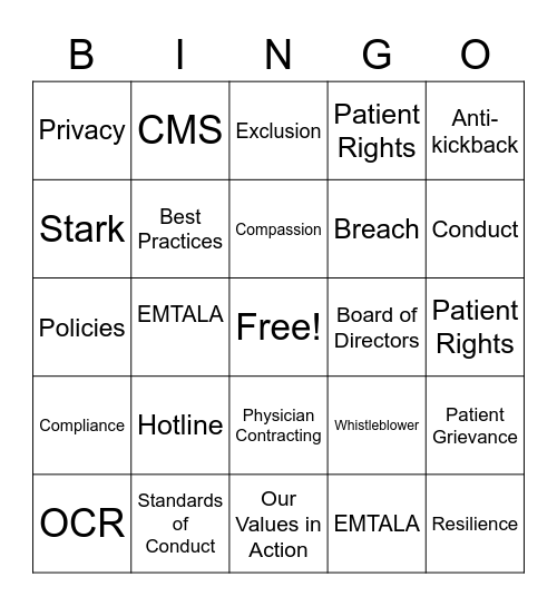 Compliance Bingo Card