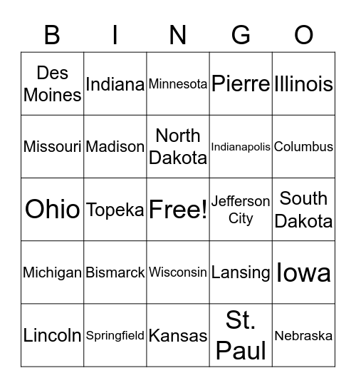 States and Capitals Bingo Card